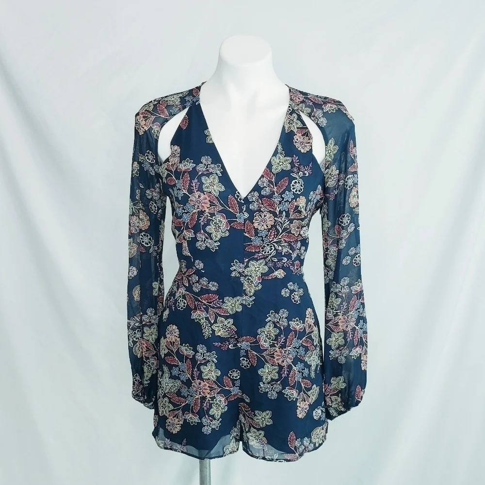 Line + Dot Floral Romper w/Sheer Long Sleeves Blue Multi - Picture 2 of 12